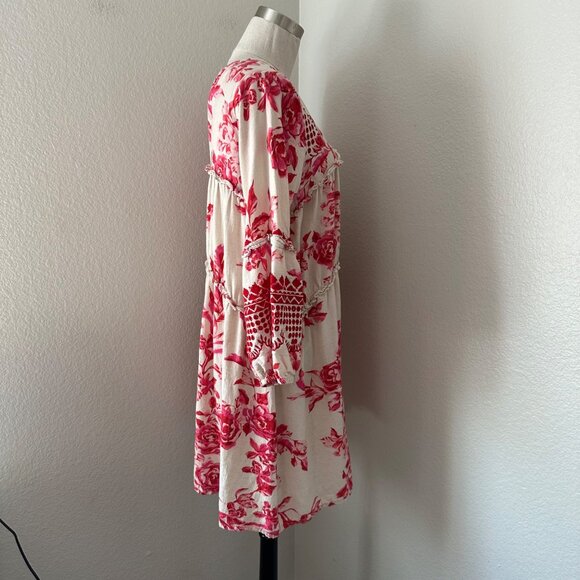 Anthropologie Red Cream Floral V-Neck Long Sleeve Tiered Dress Embroidered M - Picture 4 of 16